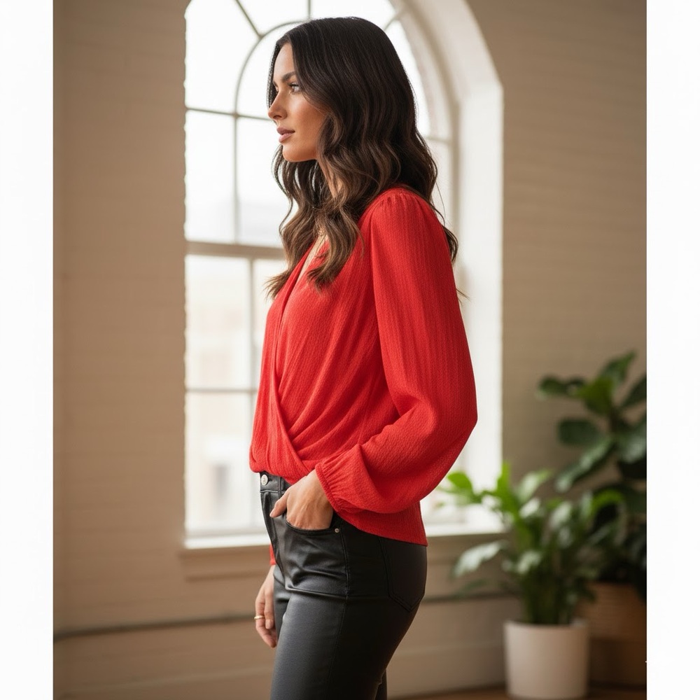 NEW FREE PEOPLE LADY LUCK RED ORANGE DRAPEY WRAP PLUNGE V-NECK BLOUSE SMALL HOT! - Picture 4 of 16